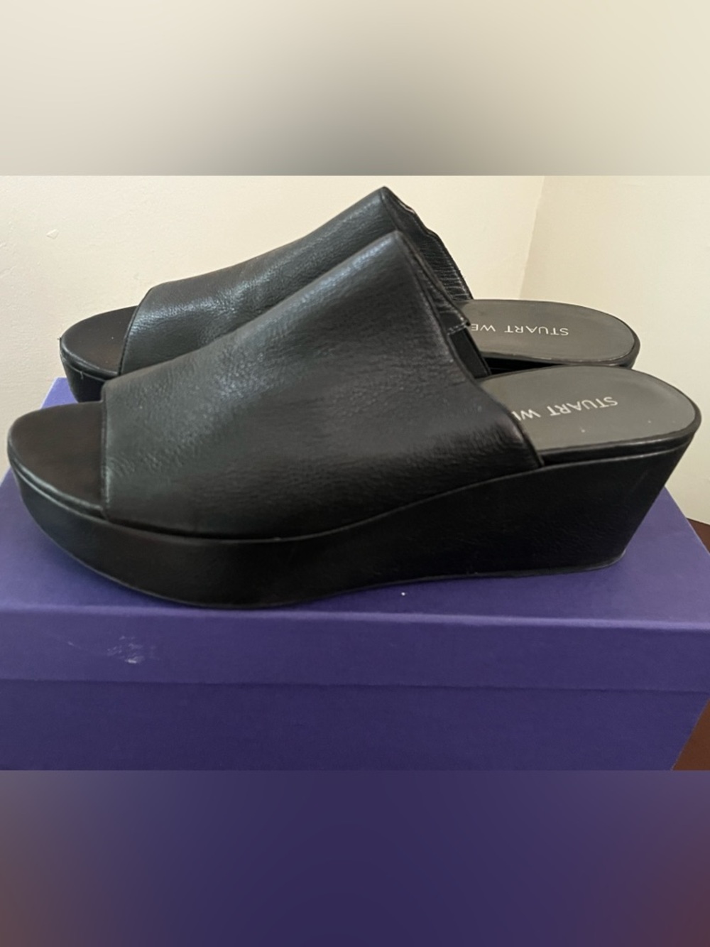 Stuart Weitzman Black Leather Platform Wedge Mules